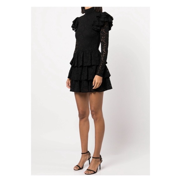New! Caroline Constas Emily Lace Ruffle Mini Dress Long Sleeve in Black - Picture 5 of 12